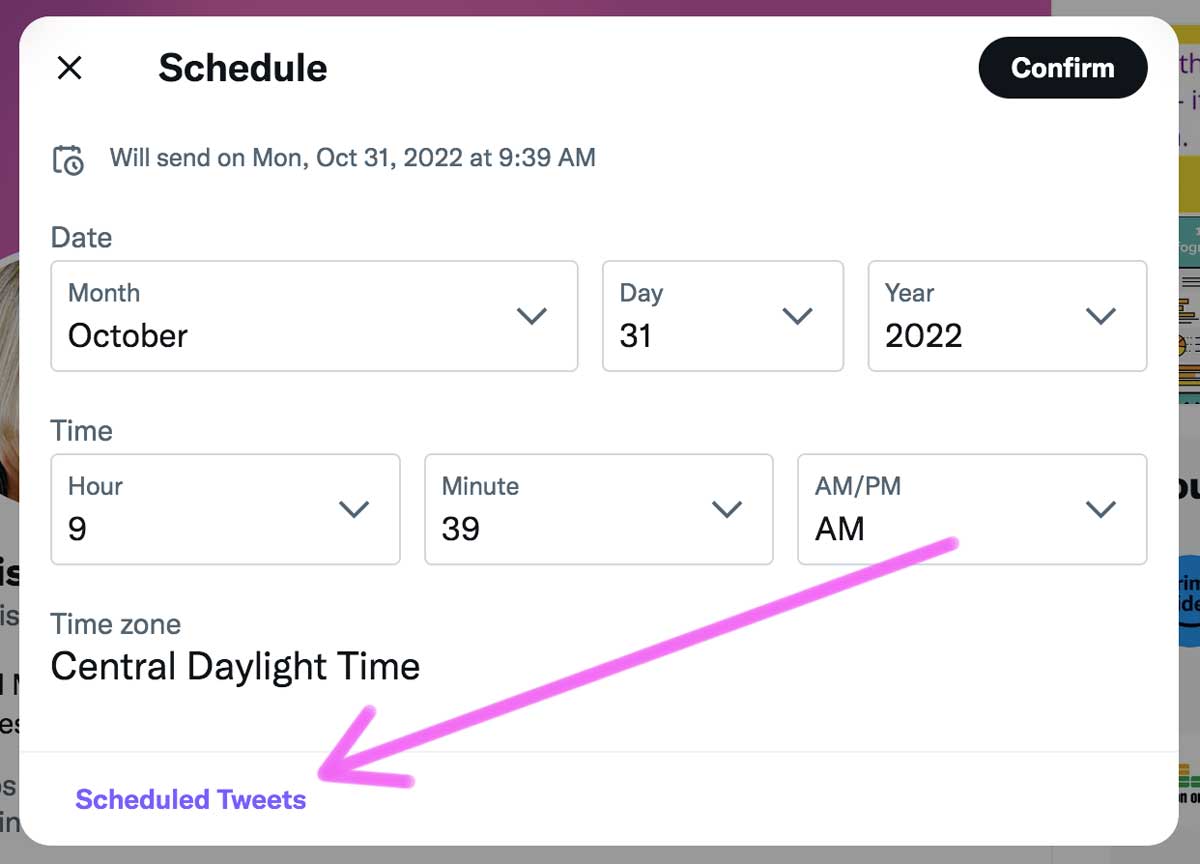 twitter screenshot of the 'Scheduled Tweets' option in the popup at lower left.