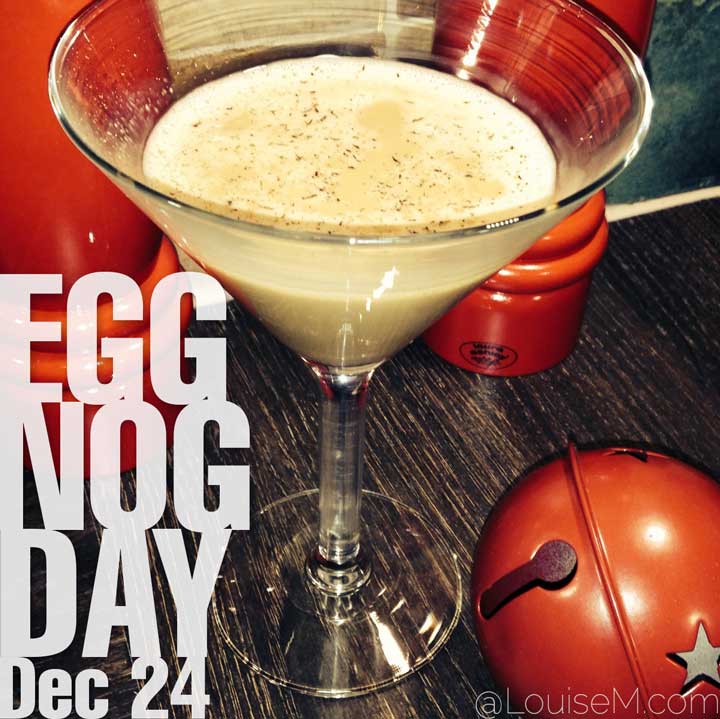 december 24 holiday egg nog day text on photo of eggnog with red bells.