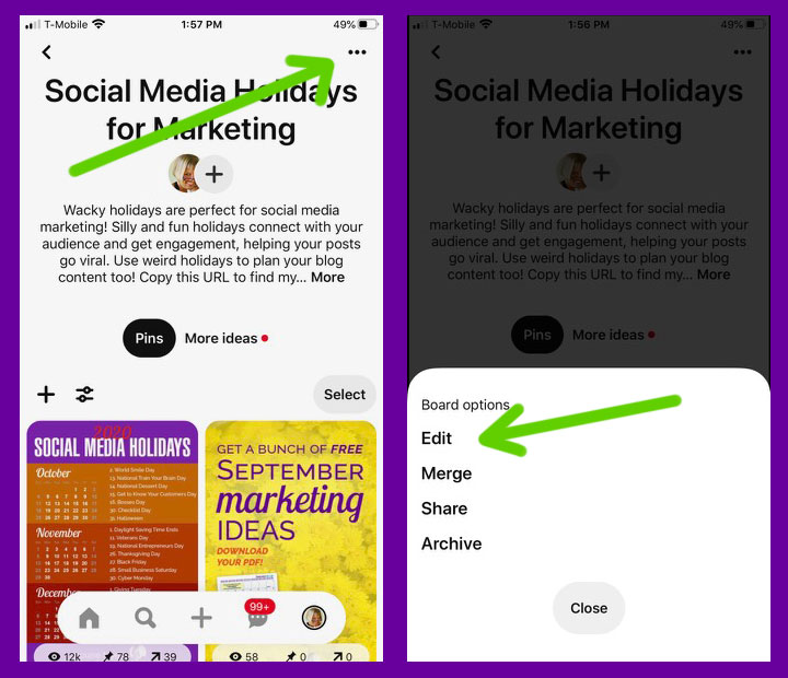 edit a pinterest board on mobile screenshots