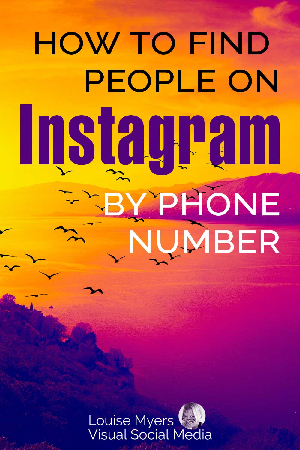 Instagram colored seascape in yellow orange fuchsia and purple has birds flying and text how to find people on IG by phone number.