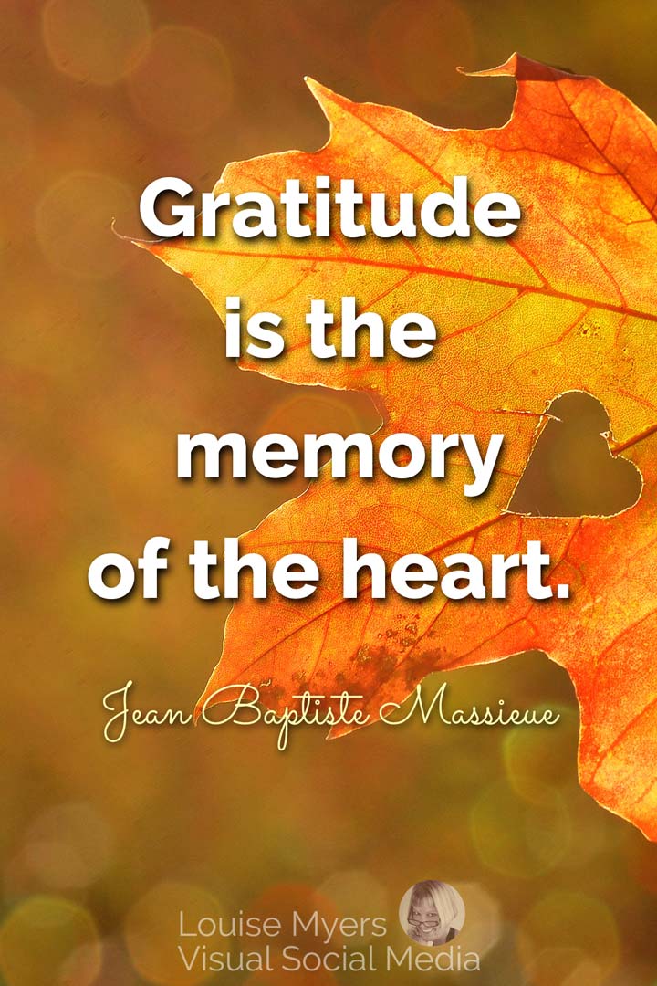 fall leaf with quote, gratitude is the memory of the heart.