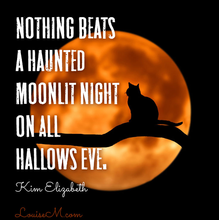 black cat against orange moon spooky Halloween quote image.