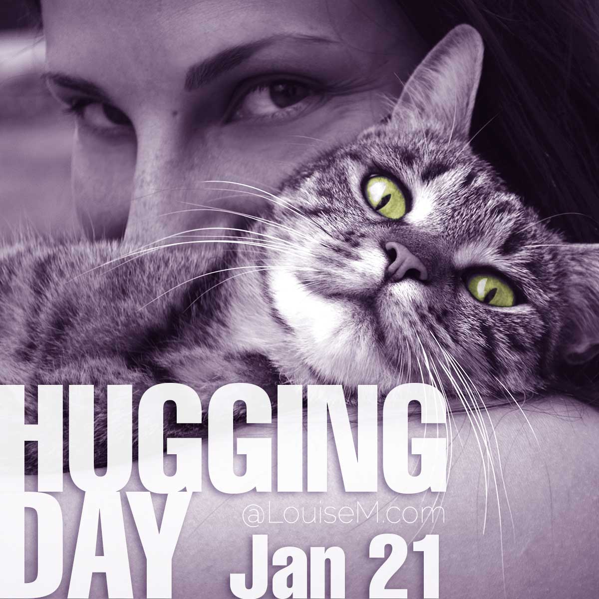 Hugging Day text on photo of woman hugging cat.
