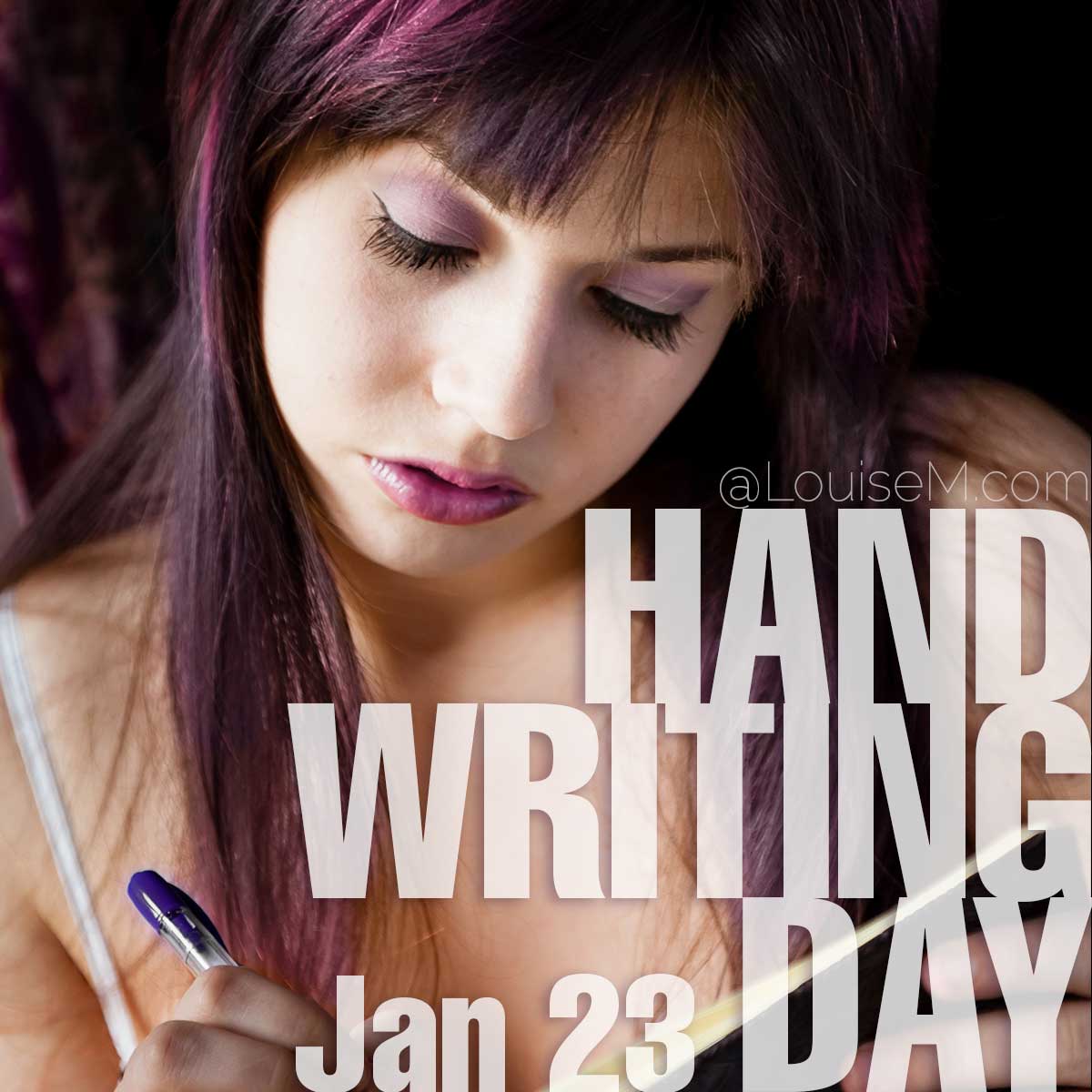 Handwriting Day text on photo of woman writing in journal.