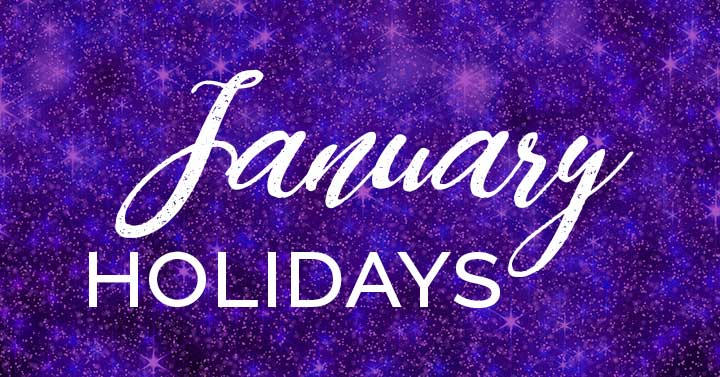 January holidays text on purple sparkly background.