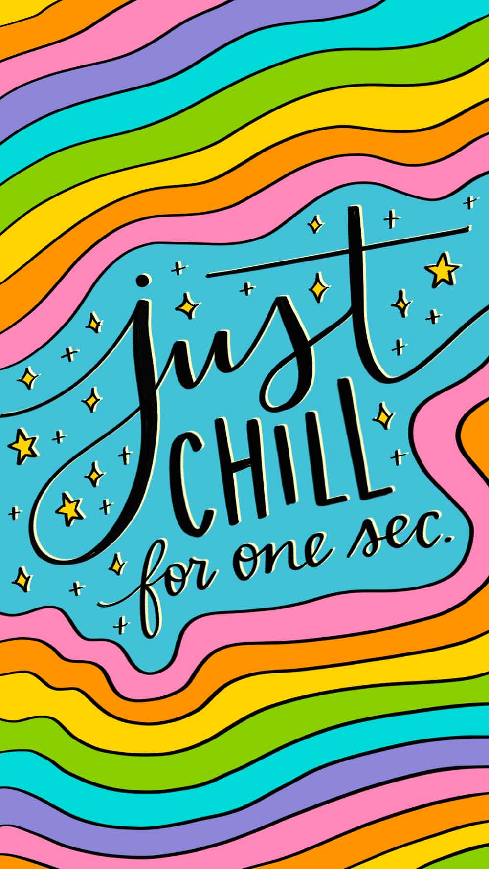 bright rainbow swirl art has words in center, just chill.