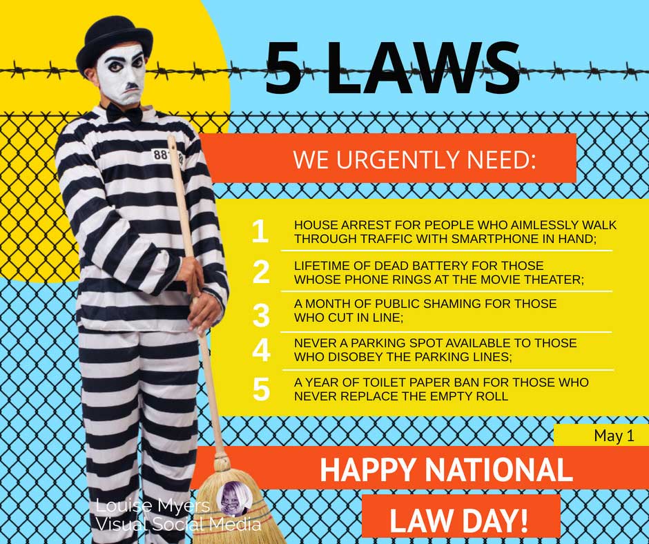 clown in black and white striped suit has 5 laws we need for law day.
