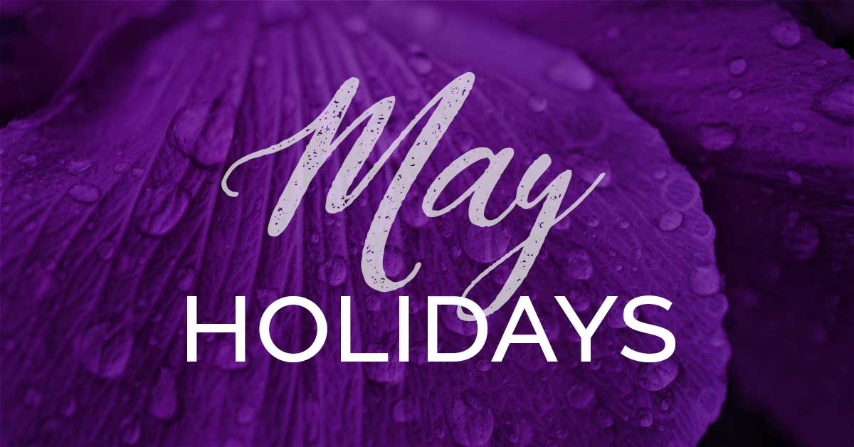 purple petals with dewdrops says May holidays.