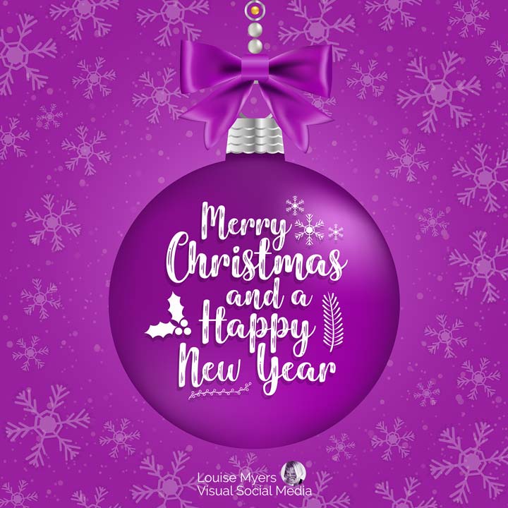 Merry Christmas and Happy New Year slogan on purple Christmas ornament.