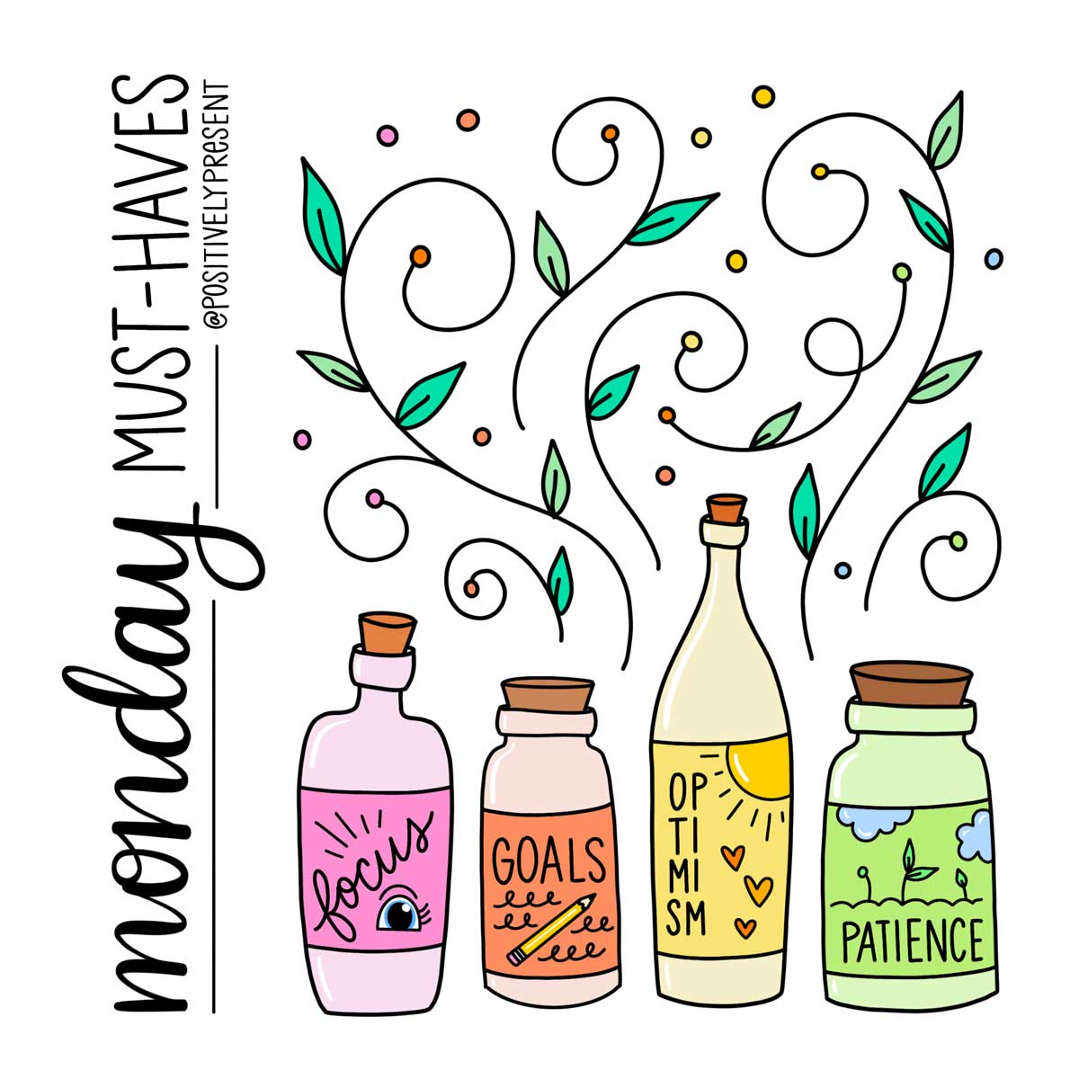 colorful jars say focus, goals, optimism, patience with heading monday must haves.