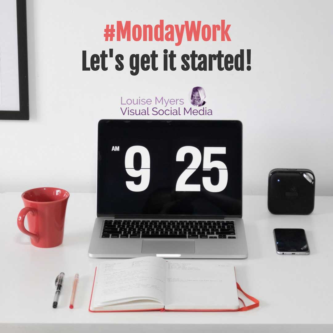 desktop scene with laptop set to 925 says monday work, let's get it started.
