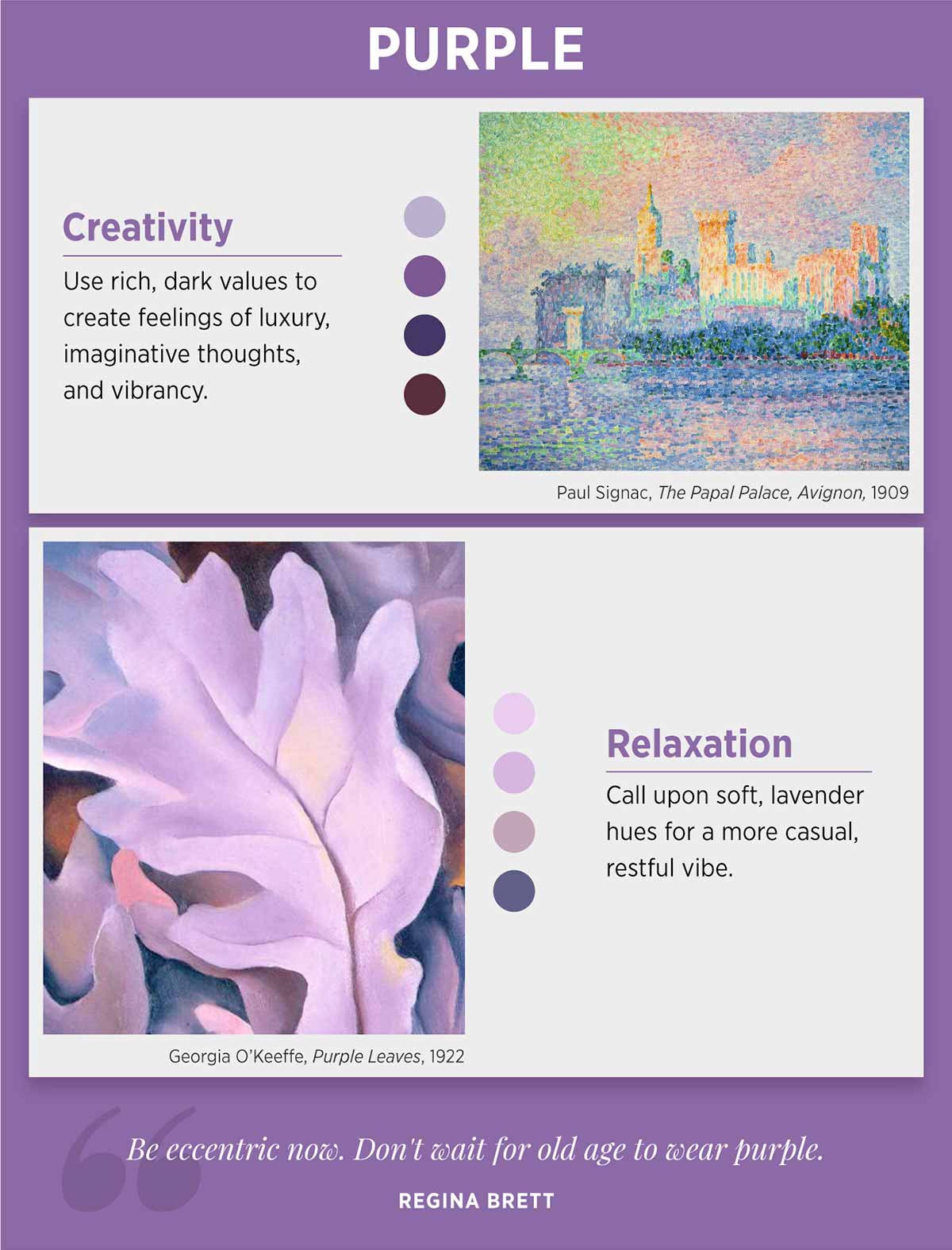 infographic shows how feelings of creativity or relaxation are created by the color purple in art.