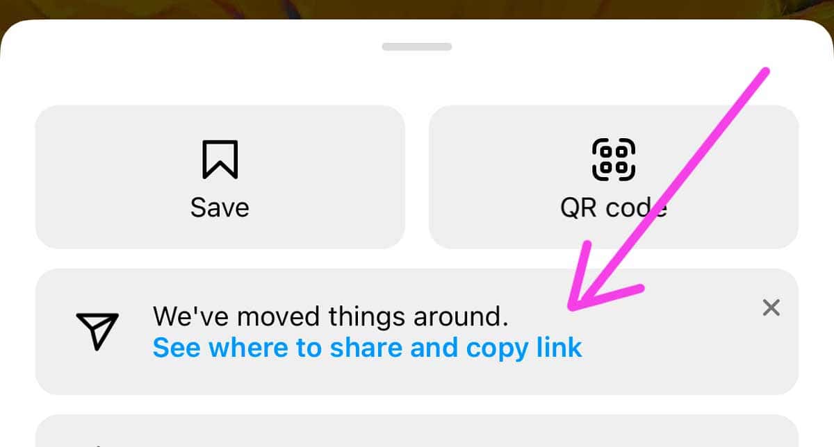 instagram app screenshot shows See where to share and copy link.