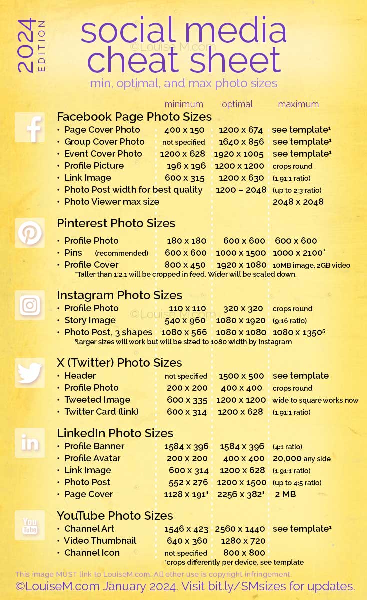 yellow Social Media cheat sheet listing image sizes for Facebook, Pinterest, Instagram, Twitter, LinkedIn, YouTube.
