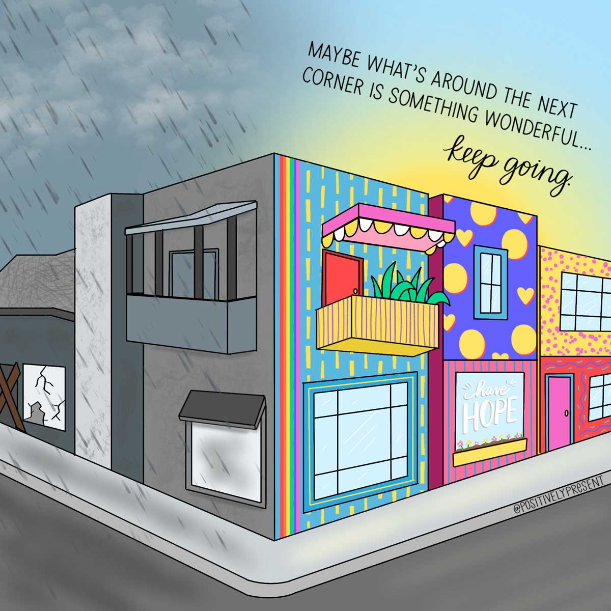 large building corner is gray and raining on one side and bright sunny on the other.