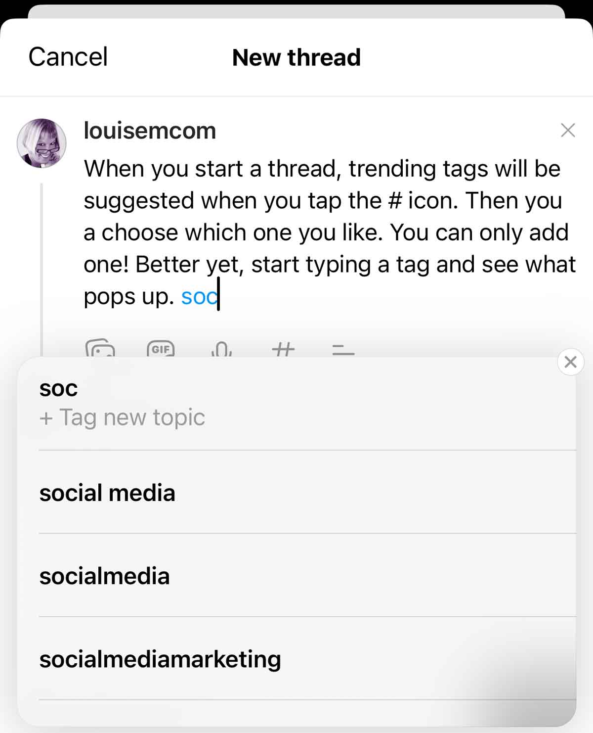 typing a few characters after the hashtag key on threads.