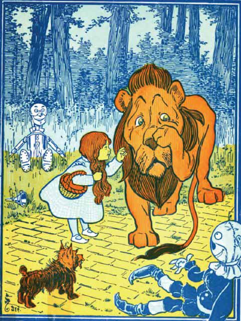 vintage drawing of Dorothy, Toto, and the Cowardly Lion on the yellow brick road.