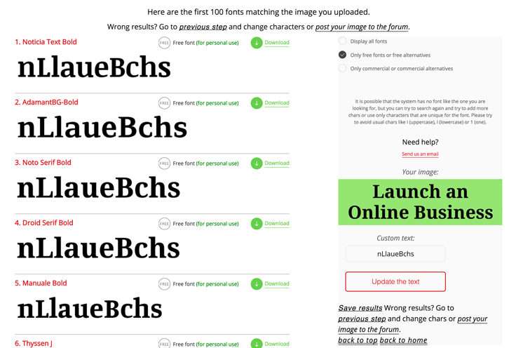 font suggestions in both the free and commercial returns
