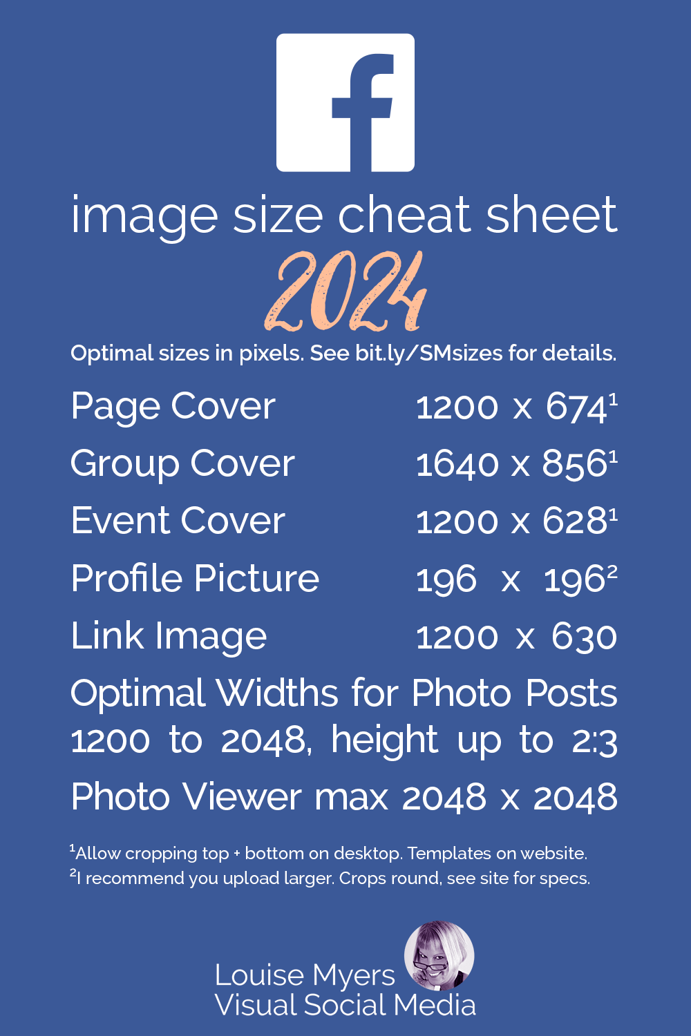 Facebook image sizes chart on blue graphic with FB logo.