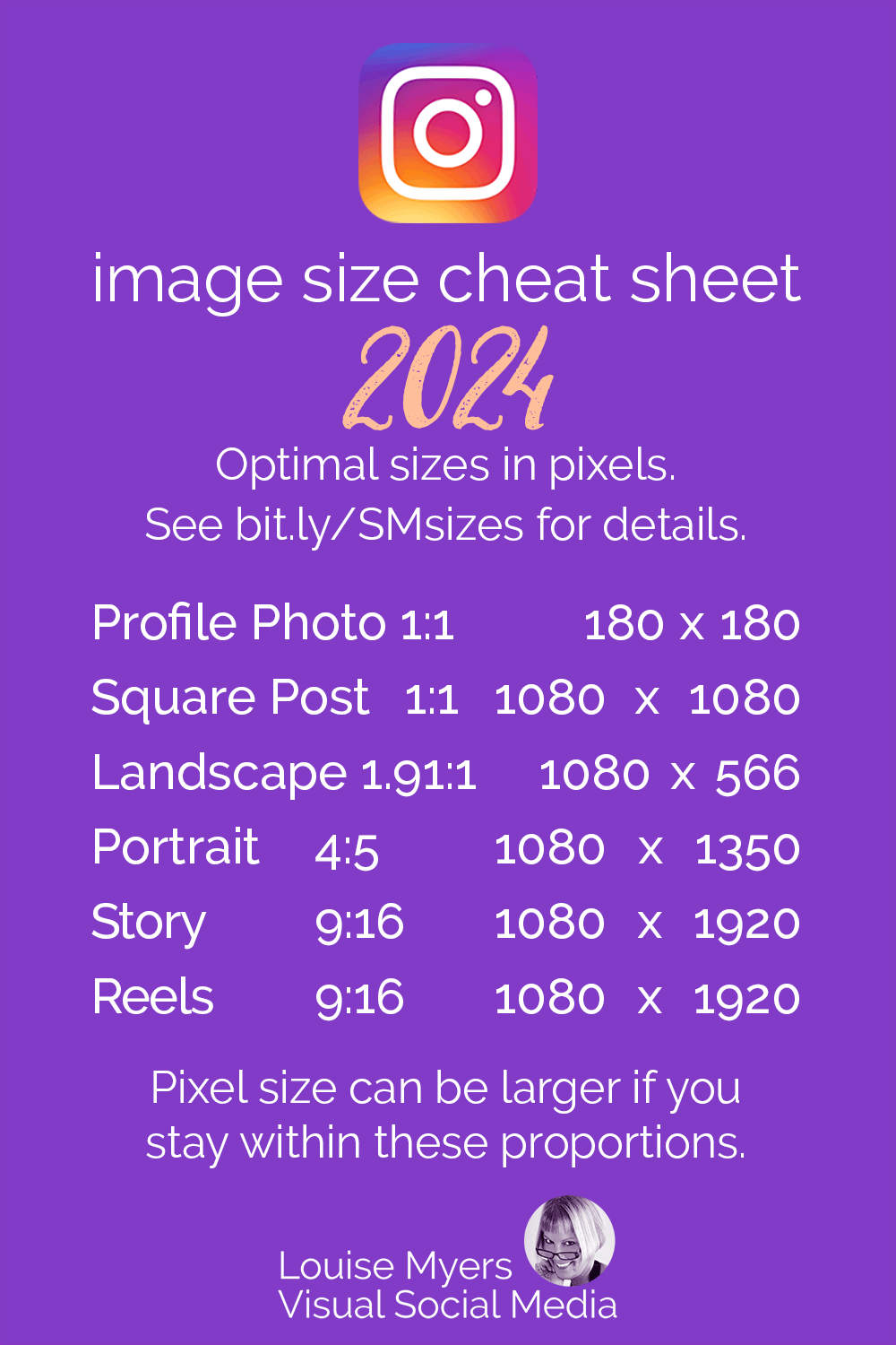 Instagram image sizes chart on purple graphic with IG logo.