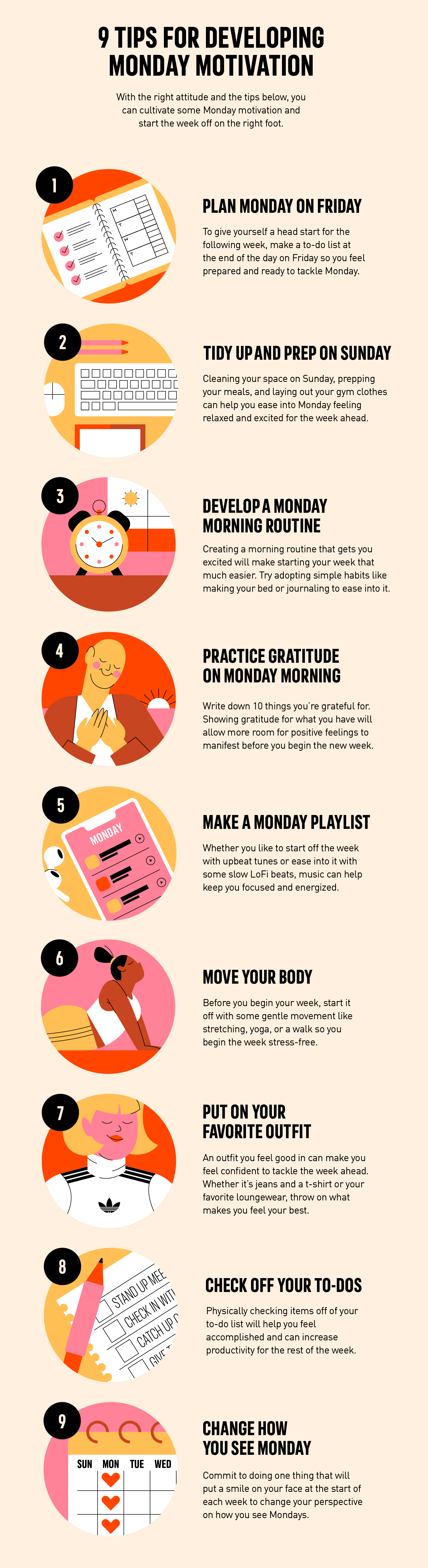 infographic illustrates 9 monday motivation tips in pinks, redas, and oranges.