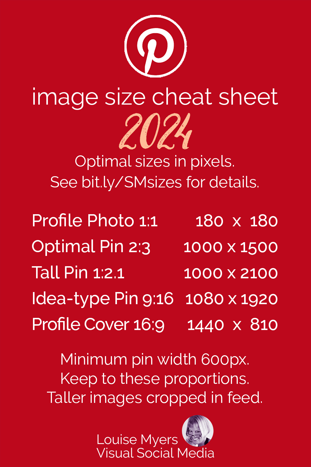 Pinterest image sizes chart on red graphic with logo.