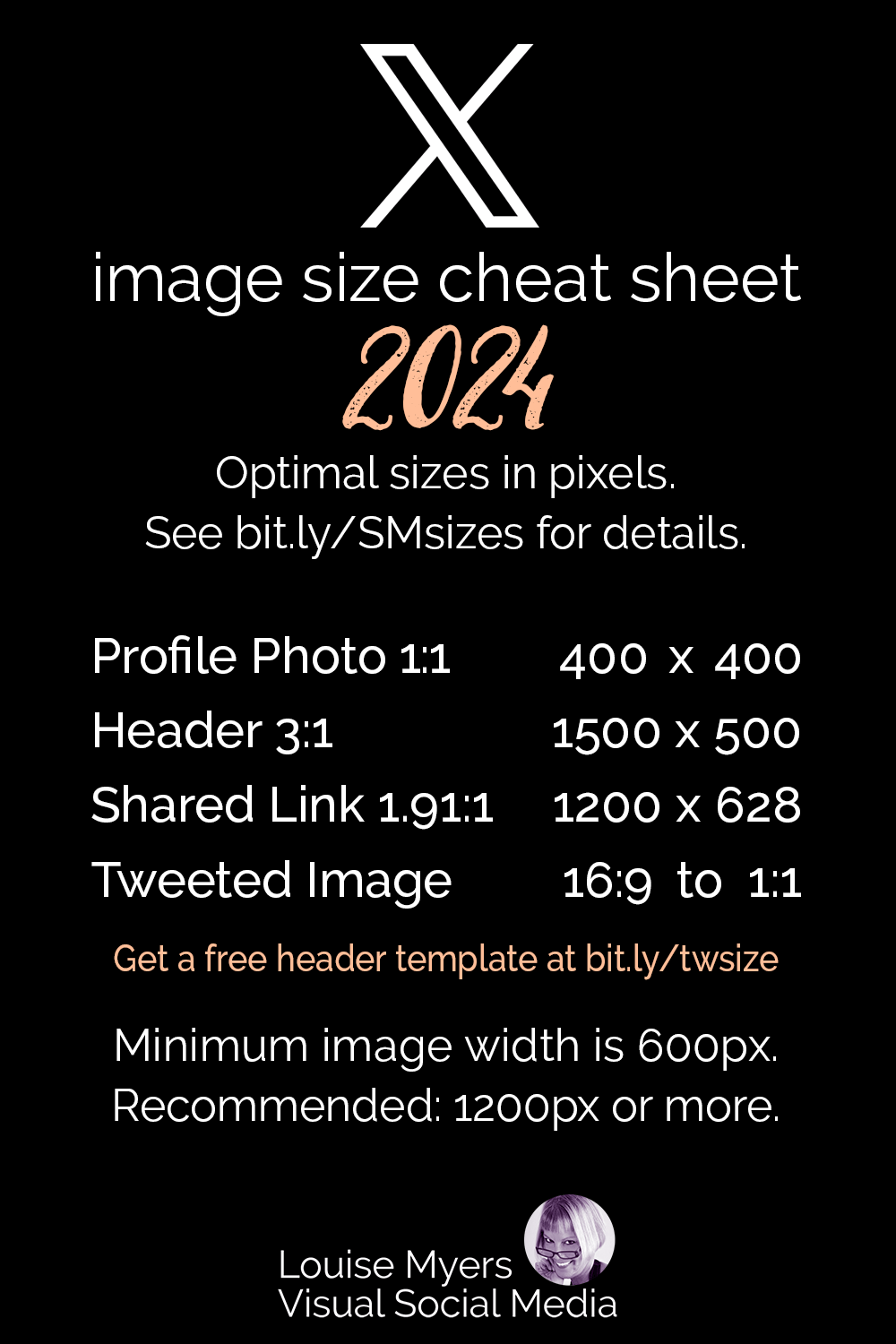 chart of twitter x image sizes for 2024 on blue graphic.